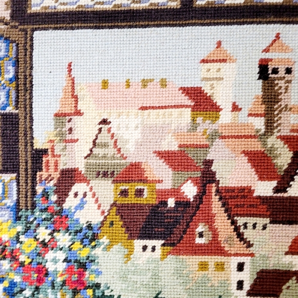 Vintage Cottage Homes Town Scene Landscape Handmade Crosstitched 15.5x9 UNFRAMED - Picture 2 of 5